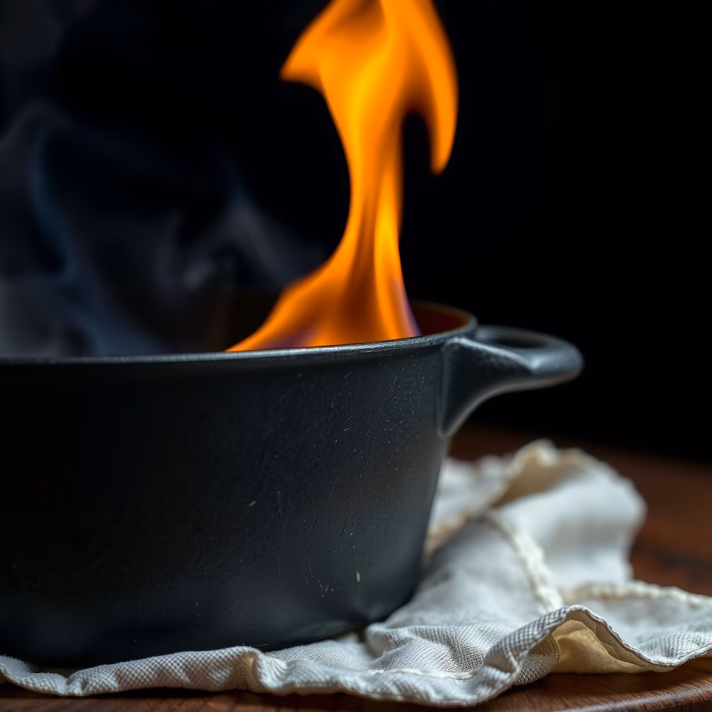 Flame under a cast iron pan